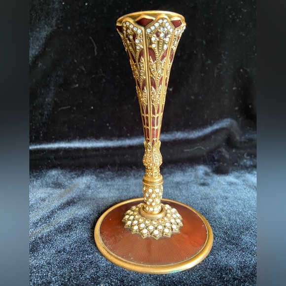 Edgar Berebi Antique Gold Tone Bronze Enamel Metal Candlestick w/rhinestones